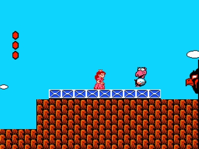 Princess Toadstool fights an evil transvestite.